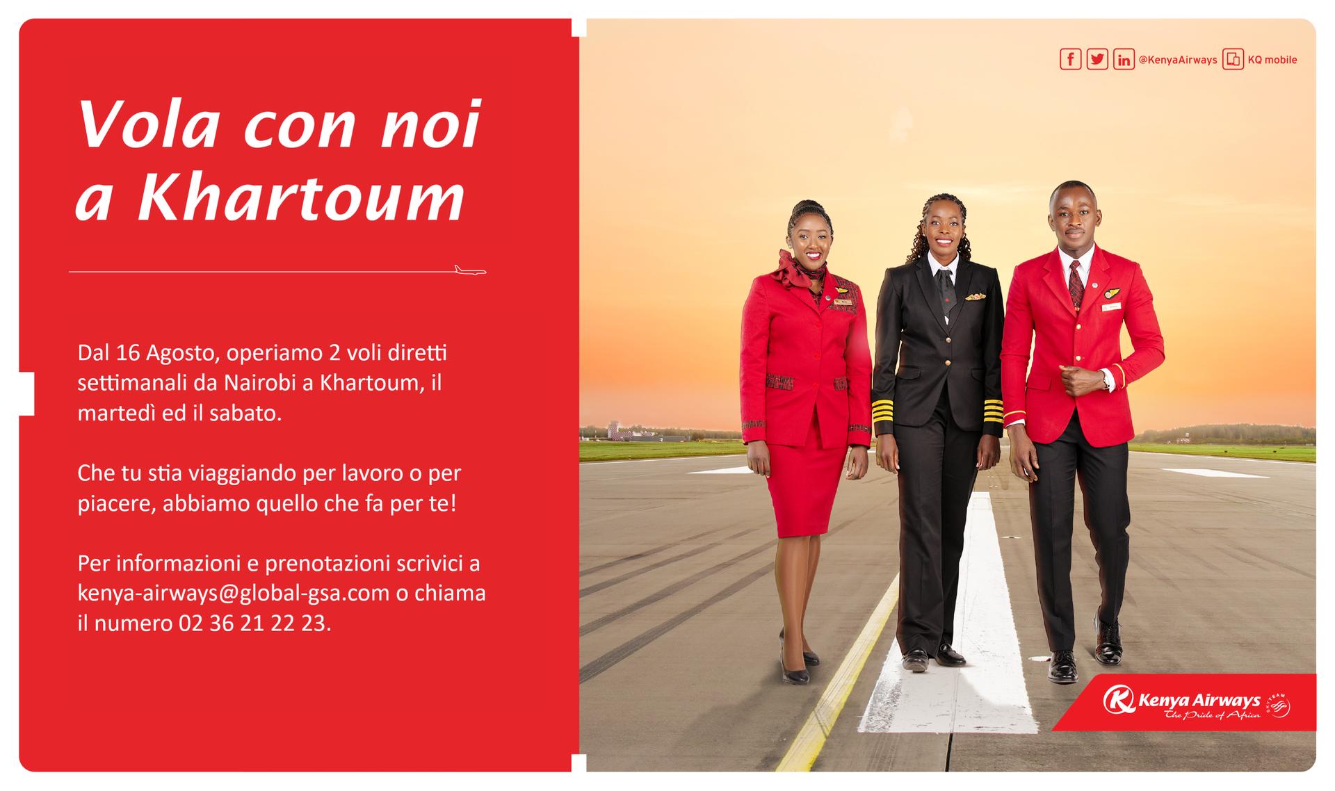 Immagine di sfondo della pagina Kenya Airways, voli settimanali per Khartoum