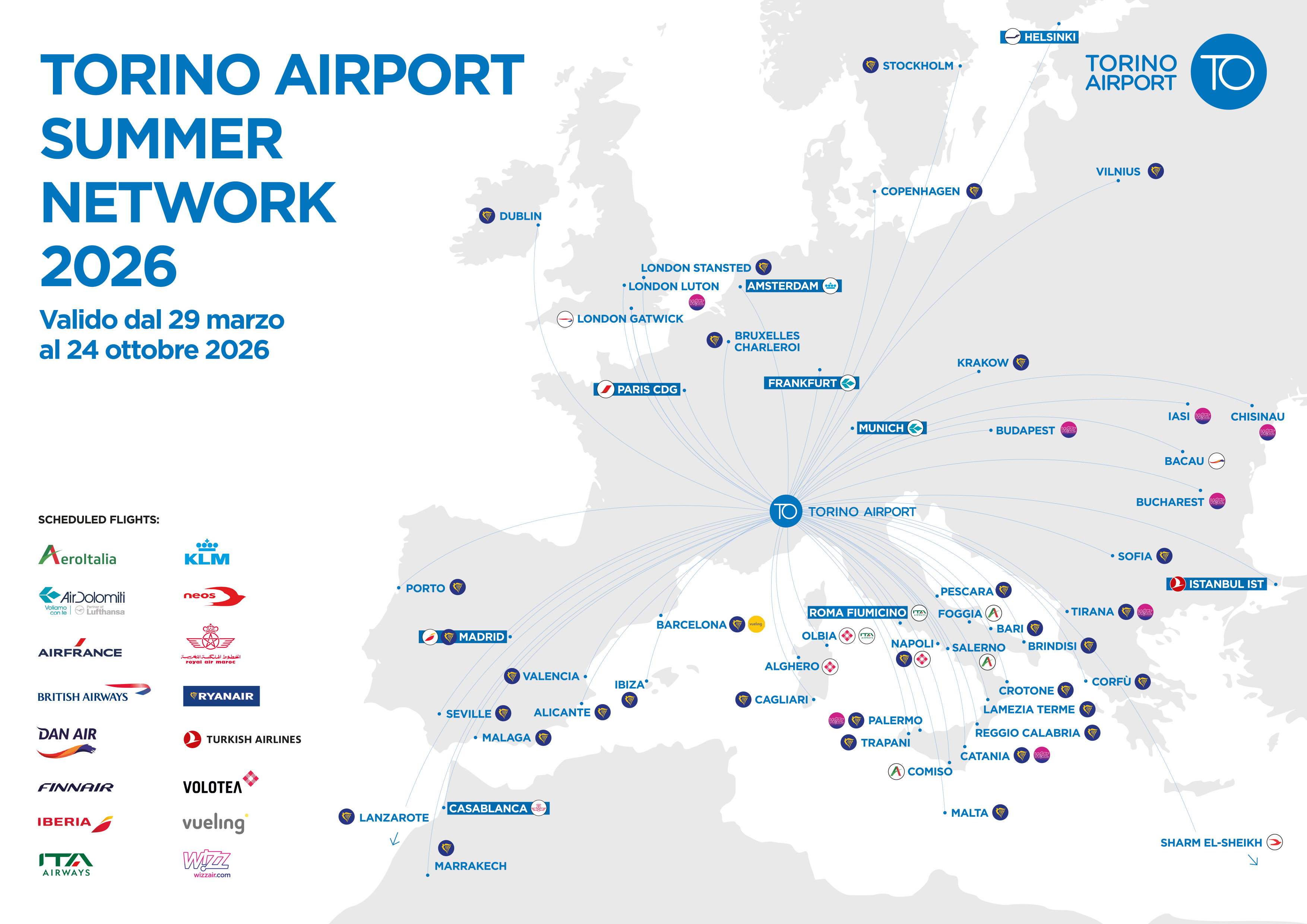 Immagine di sfondo della pagina Torino Airport, estate 2026 da record: 53 destinazioni e 700mila posti in più