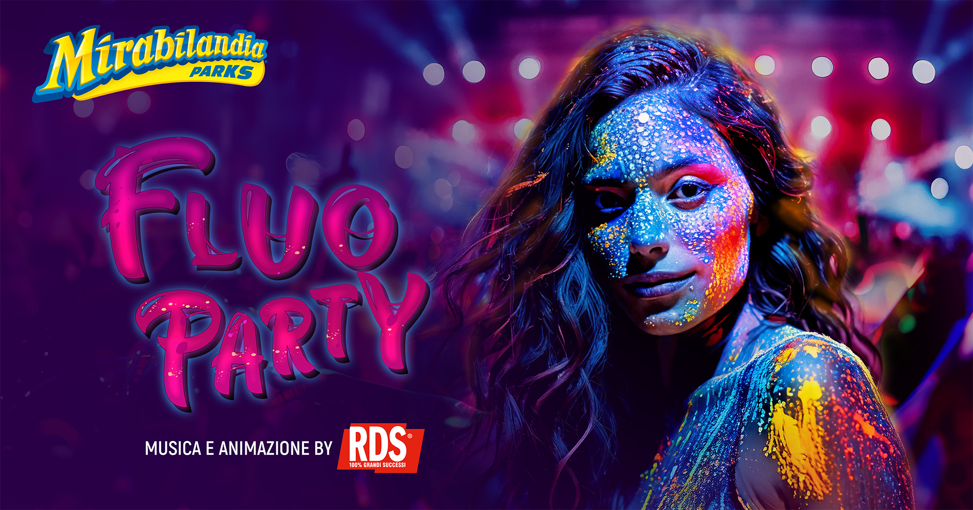 Immagine di sfondo della pagina Mirabilandia si accende: torna il Fluo Party 2025 con RDS e una notte di puro divertimento