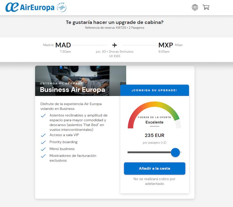 Immagine di sfondo della pagina Air Europa, un'asta per viaggiare in business